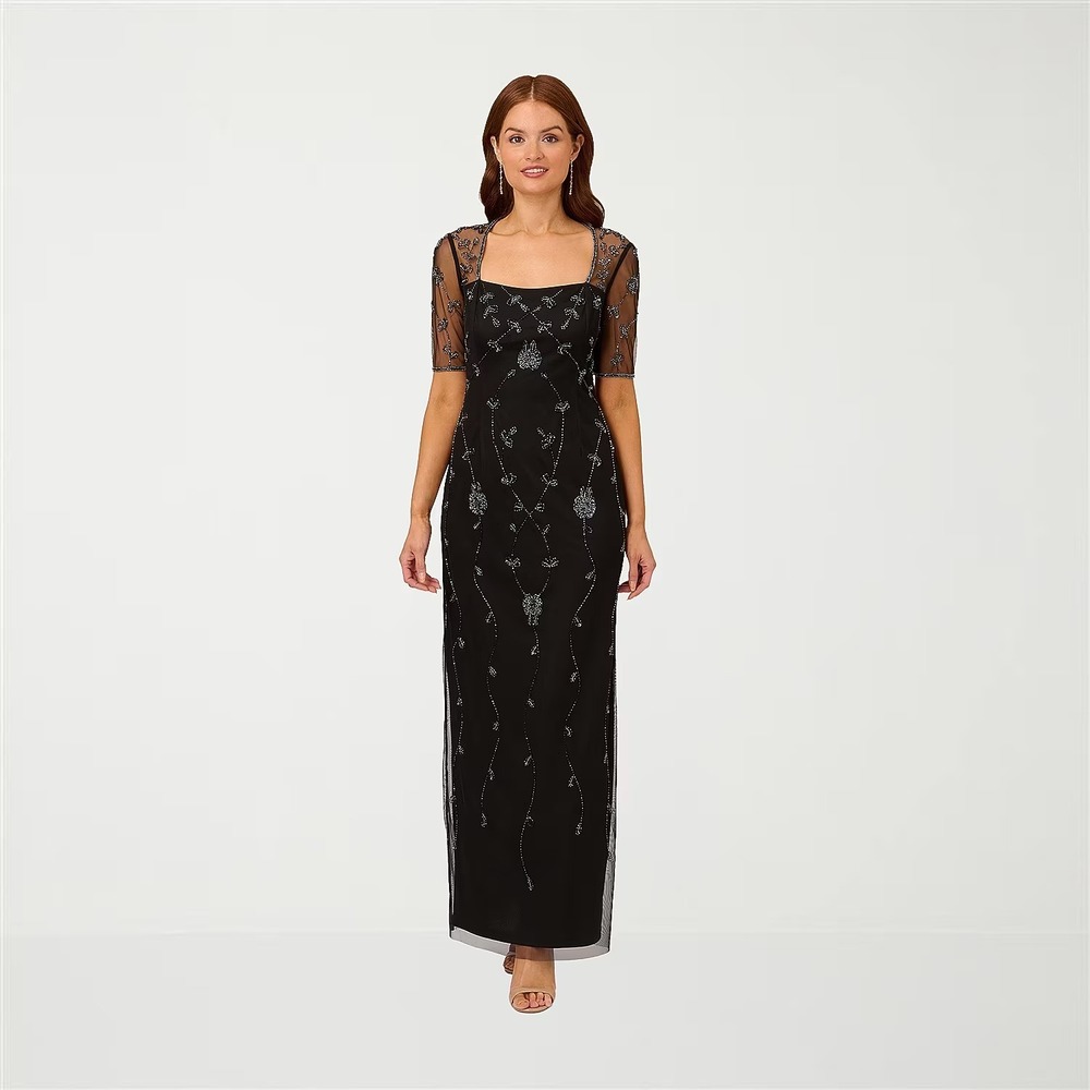 MSRP $160 Papell Boutique Womens 14 Black Evening Gown Square Neck 3/4 Sleeve